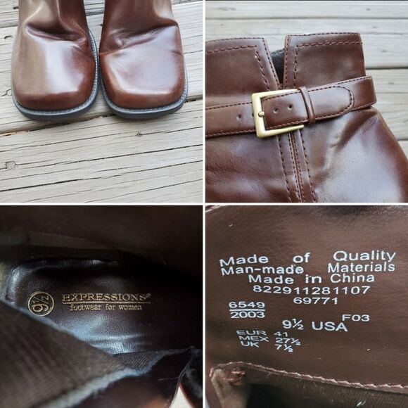 Vintage 90s y2k Bratz Brown Vegan Leather Chunky Heel Square Toe Ankle Boots 9.5 - Picture 7 of 8